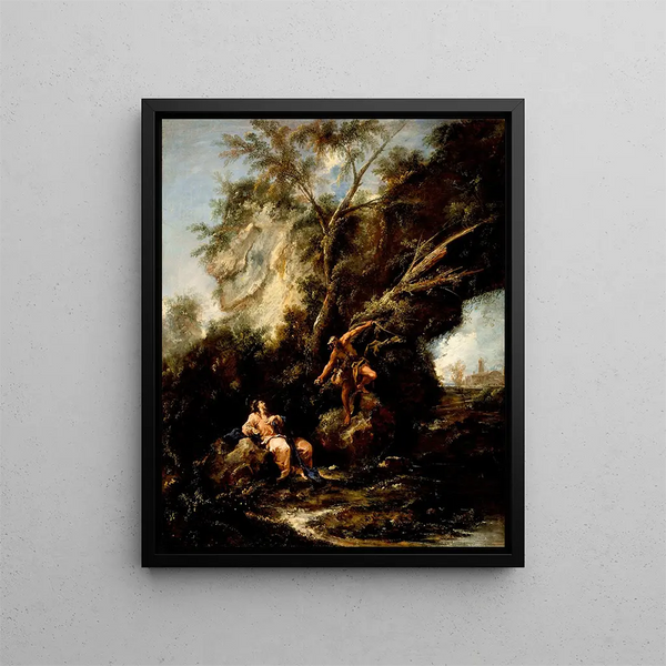 Landschaft mit der Versuchung Christi - Alessandro Magnasco — gerahmtes Bild an der Wand