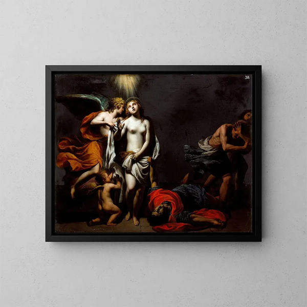 Sainte Agnès geschützt durch einen Engel - Alessandro Turchi — gerahmtes Bild an der Wand