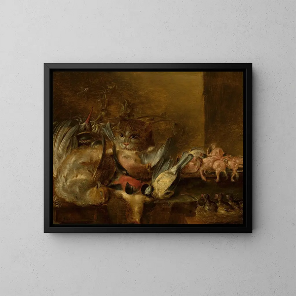 Vögel tot und eine Katze - Alexander Adriaenssen — gerahmtes Bild an der Wand