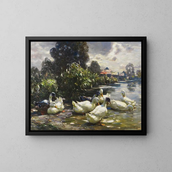 Huit canards au bord de l'eau - Alexander Koester — gerahmtes Bild an der Wand