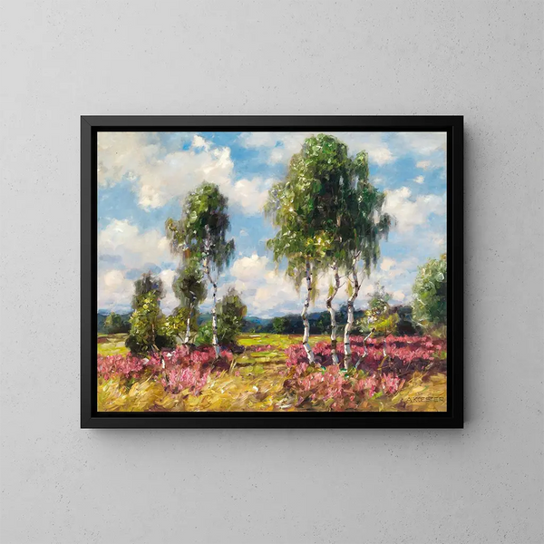 Birken in einer Heidelandschaft bei Viktring, Kärnten - Alexander Koester — gerahmtes Bild an der Wand