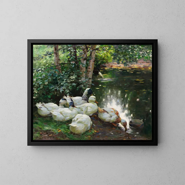 Sechs Enten am Teichrand - Alexander Koester — gerahmtes Bild an der Wand