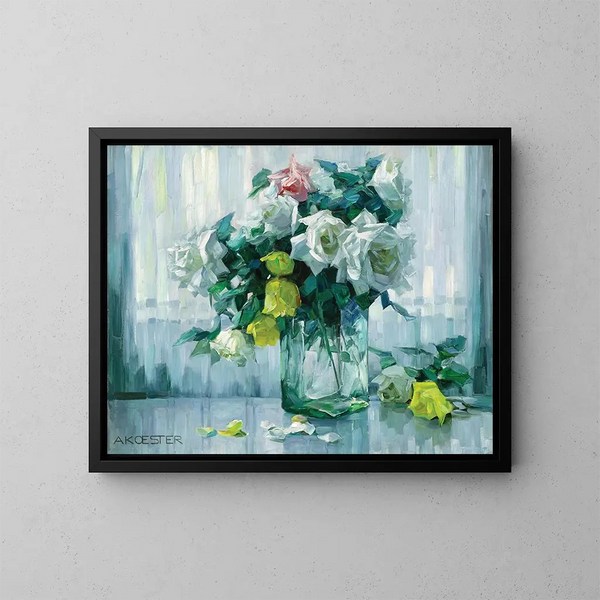 Stillleben mit weißen und gelben Rosen in einer Glasvase - Alexander Koester — gerahmtes Bild an der Wand