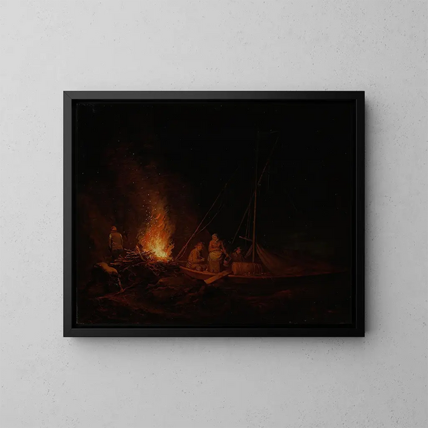 Fischer, die ein Lagerfeuer anzünden - Alexander Laurus — gerahmtes Bild an der Wand