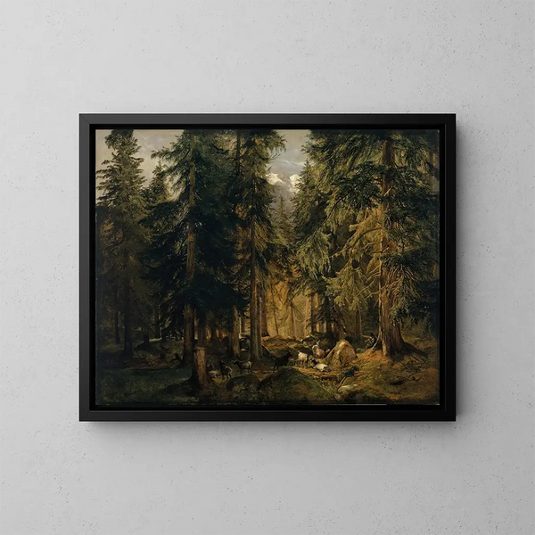 Wald in den hohen Bergen mit einer Ziegenherde - Alexandre Calame — gerahmtes Bild an der Wand