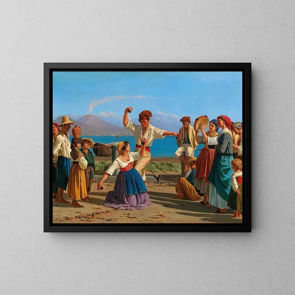 Tarantelle in Neapel mit dem Vesuv im Hintergrund - Alexandre Francia — gerahmtes Bild an der Wand