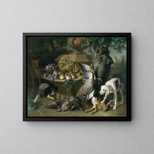 Hunde, Spiel, Tod und Früchte - Alexandre François Desportes — gerahmtes Bild an der Wand