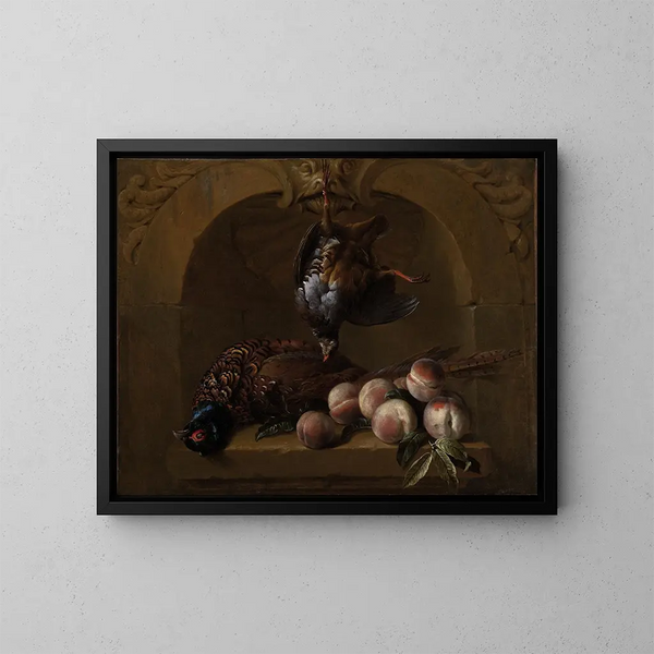 Naturstillleben mit Rotfußfasan und Pfirsichen - Alexandre François Desportes — gerahmtes Bild an der Wand