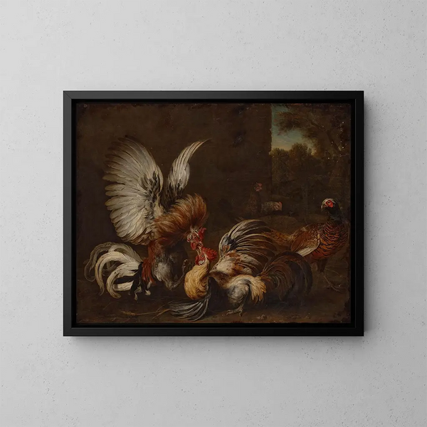 Zwei Hähne, die in einem Bauernhofhof kämpfen, mit einem Fasan und zwei Hühnern in der Nähe - Alexandre François Desportes — gerahmtes Bild an der Wand