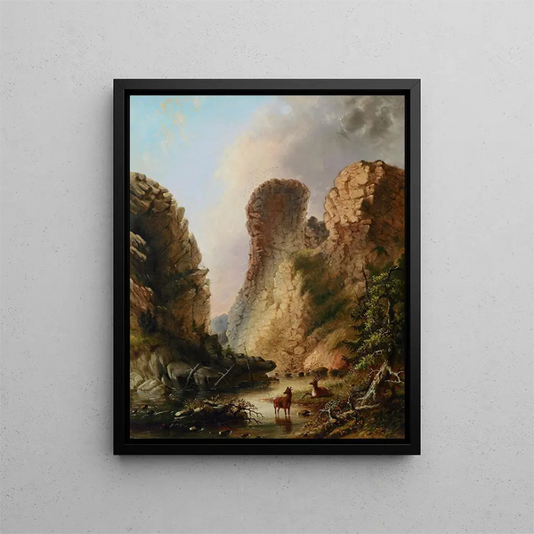 Hirsch am Flussufer Wyoming - Alfred Jacob Miller — gerahmtes Bild an der Wand