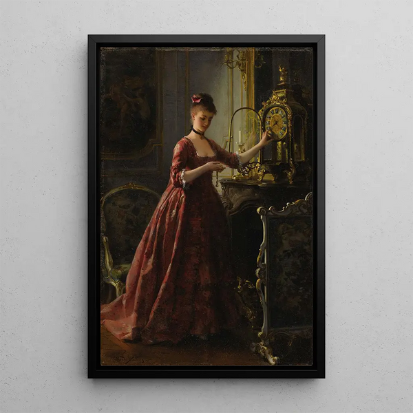 Remontant l'horloge de cheminée - Alfred Stevens — gerahmtes Bild an der Wand