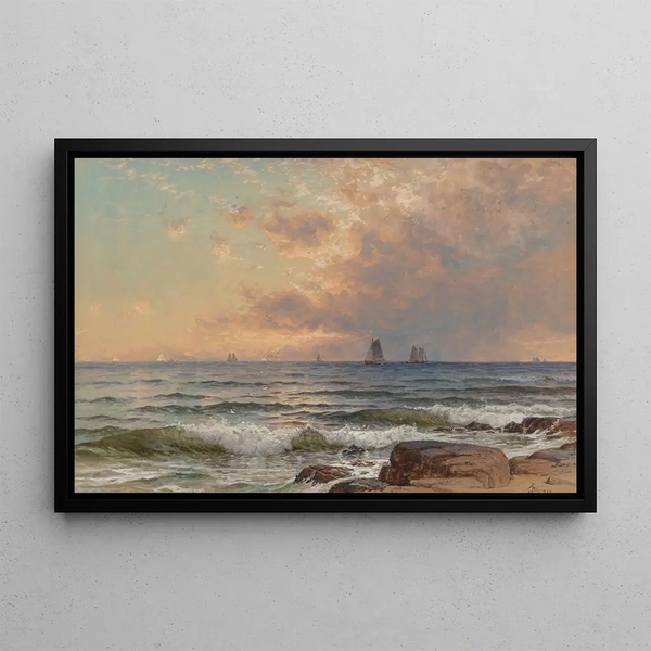 Voiles au coucher du soleil - Alfred Thompson Bricher — gerahmtes Bild an der Wand
