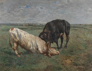 Alfred Verwee - Fight between two young bulls.webp