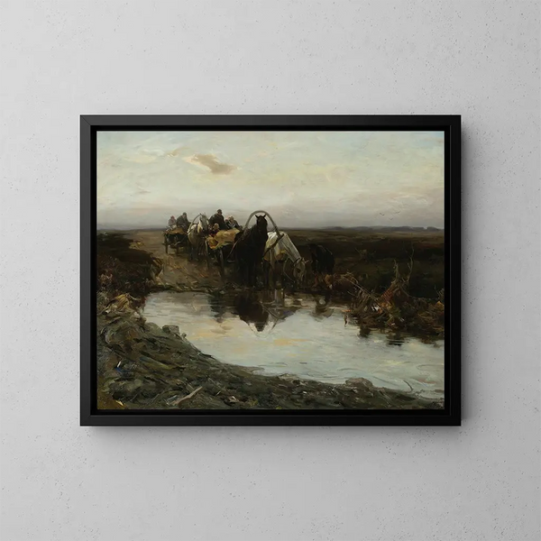Chariots de paysans devant une flaque d'eau - Alfred von Wierusz-Kowalski — gerahmtes Bild an der Wand