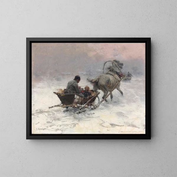 Spaziergang im Schlitten - Alfred von Wierusz-Kowalski — gerahmtes Bild an der Wand