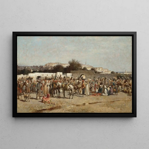Ein lebhafter Markt am Fuße der Stadtmauern von Tanger - Alfred Wordsworth Thompson — gerahmtes Bild an der Wand
