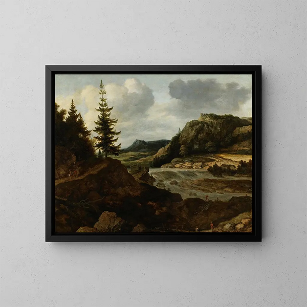 Ein Flusslandschaft mit Bergen und Reisenden - Allaert van Everdingen — gerahmtes Bild an der Wand