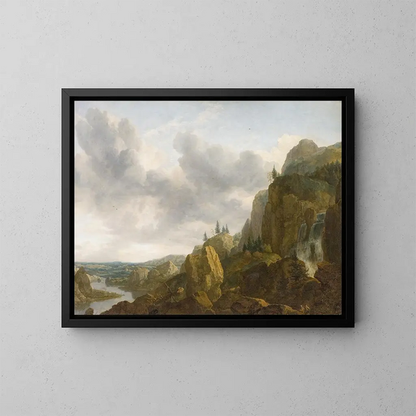 Landschaft im Norden mit Wasserfall - Allaert van Everdingen — gerahmtes Bild an der Wand