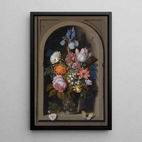Blumenstillleben in einer Glasschale in einer Marmornische - Ambrosius Bosschaert der Ältere — gerahmtes Bild an der Wand