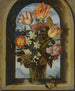 Naturstillleben mit Tulpen, Moos, Rosen, Maiglöckchen und anderen Blumen in einem Glaseinsatz, platziert in einer gewölbten Steintüröffnung - Ambrosius Bosschaert der Ältere — Ansicht des Kunstwerks