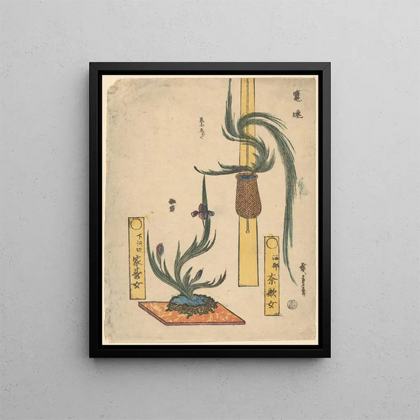 Blumenarrangements Korb Pin und Iris in einer Steinschale - Andō Hiroshige — gerahmtes Bild an der Wand