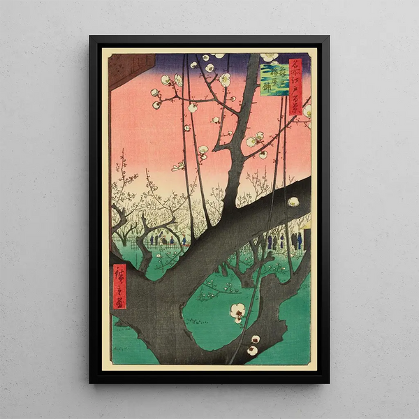 Garten der Pflaumenbäume Kameido - Andō Hiroshige — gerahmtes Bild an der Wand