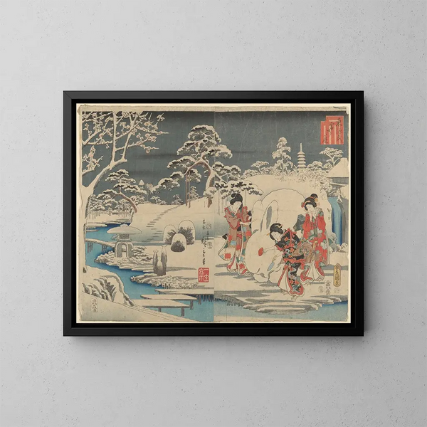 Drei Frauen, die im Garten einen Schneehasen machen - Andō Hiroshige — gerahmtes Bild an der Wand