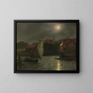 Andreas Achenbach - Boats On A Canal Moonlight.webp