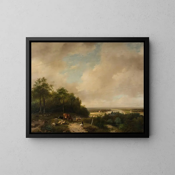 Landschaft mit einer Herde am Waldrand - Andreas Schelfhout — gerahmtes Bild an der Wand