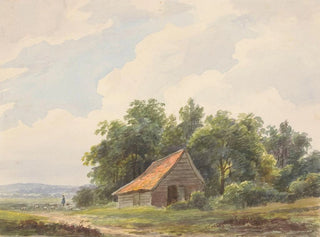 Andreas Schelfhout - Landschap met schuur en in de verte een herder met schapen.webp