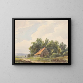Andreas Schelfhout - Landschap met schuur en in de verte een herder met schapen.webp