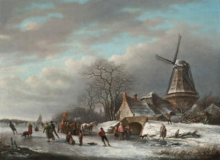 Andreas Schelfhout - Skaters on a Dutch waterway by a windmill.webp