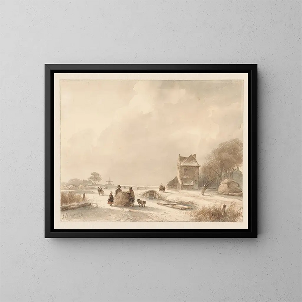 Winterlandschaft mit Heuwagen und Schlittschuhläufern - Andreas Schelfhout — gerahmtes Bild an der Wand