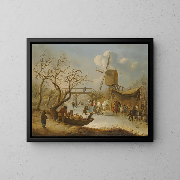 Ein Winterlandschaft mit Schlittschuhläufern und einem Pferdeschlitten in der Nähe eines Windmühlens - Andries Vermeulen — gerahmtes Bild an der Wand