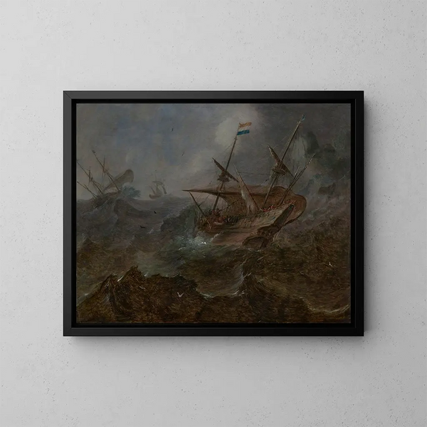 Ein niederländischer Händler bei unruhiger See in der Nähe einer Landzunge - Andries van Eertvelt — gerahmtes Bild an der Wand