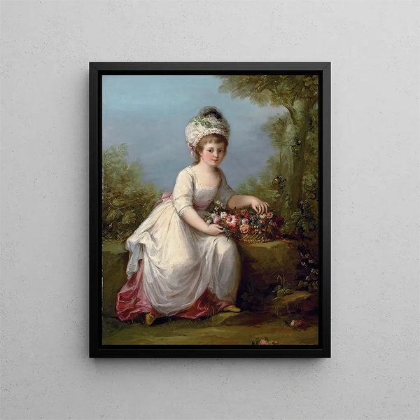 Angelica Kauffmann - Portrait of a young girl fulllength seated in a white dress with a basket of flowers in a landscape.webp