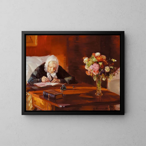 Ane Hedvig Brndum sitzend an ihrem Schreibtisch im roten Wohnzimmer - Anna Ancher — gerahmtes Bild an der Wand