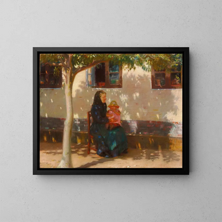 Anna Ancher - Skagenskone med den lille Helga Ancher p skdet i solskin foran et hvidkalket hus.webp