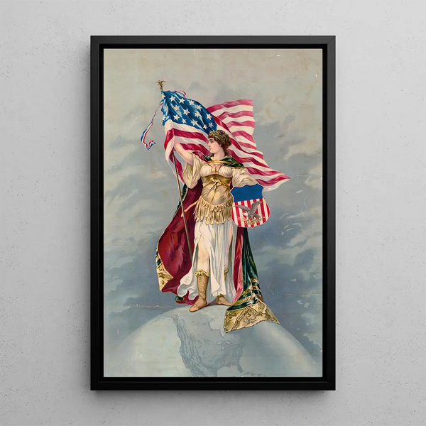 Columbia stehend auf der Erde, das eine amerikanische Flagge und ein Markenzeichen hält - Anonym — gerahmtes Bild an der Wand