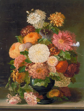 Anonymous - Red orange white and pink flowers in a black vase.webp