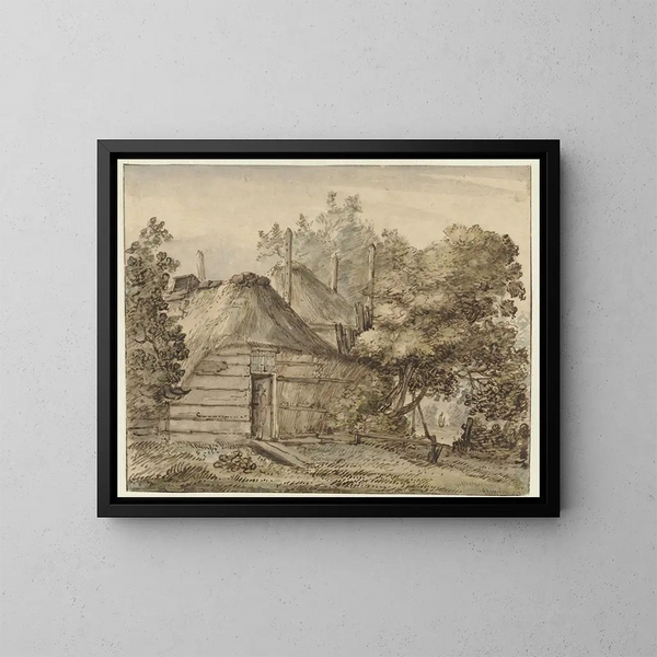 "Ferme et un meule de foin entre des arbres" von Anthonie van Borssom — gerahmtes Bild an der Wand