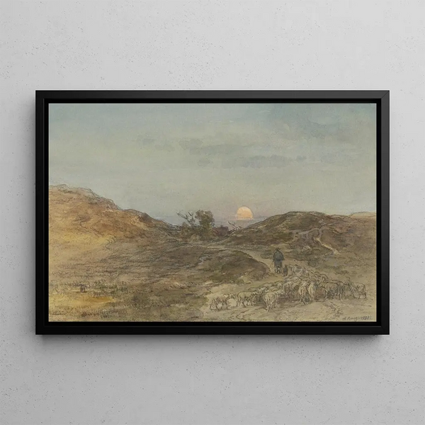 Weg im Tal mit Schafherde bei Sonnenuntergang - Anton Burger — gerahmtes Bild an der Wand