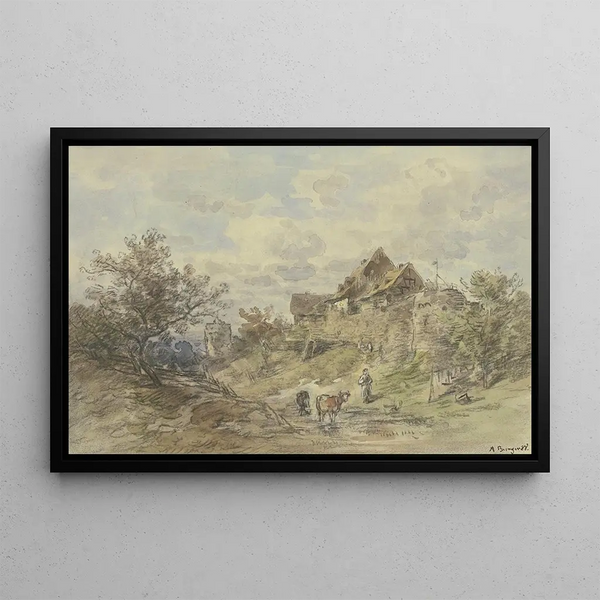 Anton Burger - Landschaft mit Gehft zwei Khe mit Buerin im Vordergrund.webp