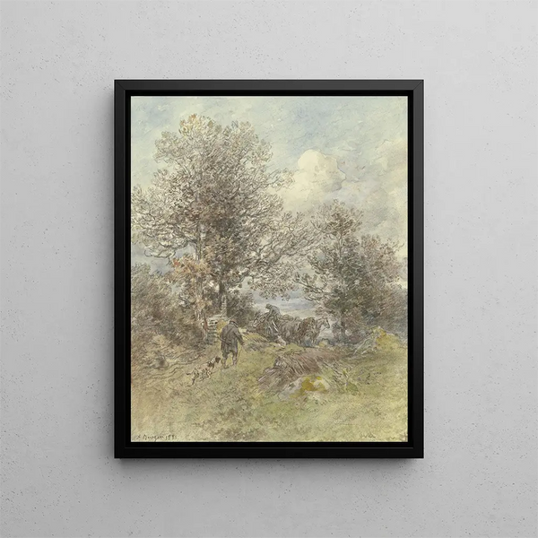Landschaft mit Jäger und Bauer, der Holz lädt - Anton Burger — gerahmtes Bild an der Wand
