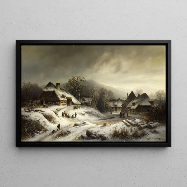 Landschaft eines verschneiten Dorfes - Anton Doll — gerahmtes Bild an der Wand