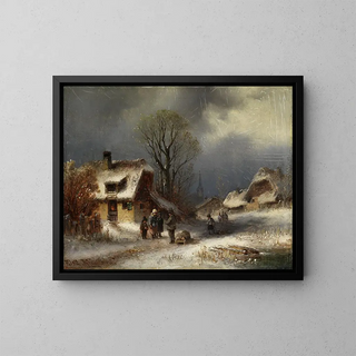 Szene eines winterlichen Dorfes - Anton Doll — gerahmtes Bild an der Wand