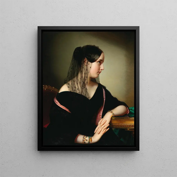 Portrait einer jungen Frau im Profil mit einem emaillierten Armband, einem Schlangenarmband und einem Armband mit Türkisen - Anton Einsle — gerahmtes Bild an der Wand