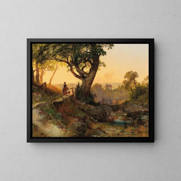 Eine Szene bei Dämmerung mit Blick auf die Othmarskirche in Mödling - Anton Hansch — gerahmtes Bild an der Wand