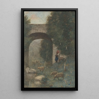 Anton L Koster - Herderin met schapen bij een viaduct.webp