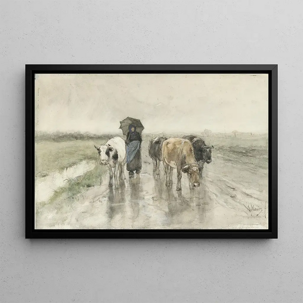 Eine Schäferin mit Kühen auf einem Landweg bei Regen - Anton Mauve — gerahmtes Bild an der Wand